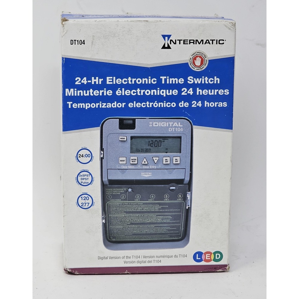 Intermatic DT104 24-Hr Electronic Time Switch Digital Timer 120-277V Gray Metal